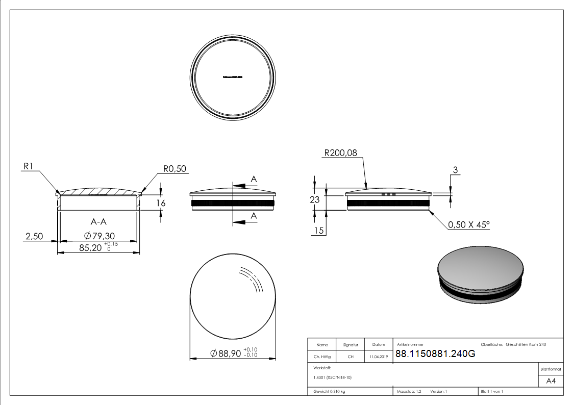 Bouchon, pour tuyau 88,9 x 2,0mm, V2A