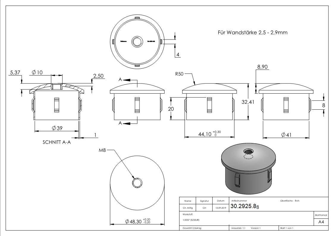 Bouchon en acier | légèrement courbé | avec M8 | pour tube rond Ø 48.3x2.5-2.9 mm | acier S235JR, brut