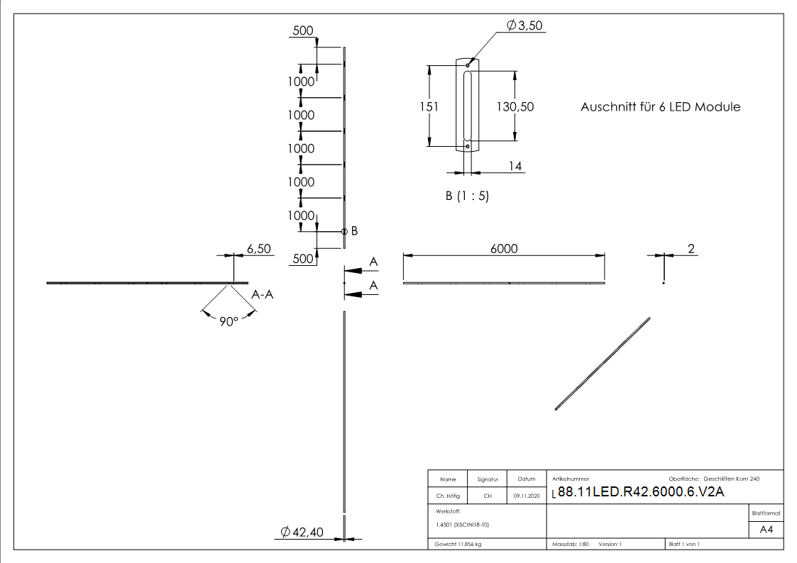 Tube en acier inoxydable 42,4 x 2,0 mm pour les modules LED