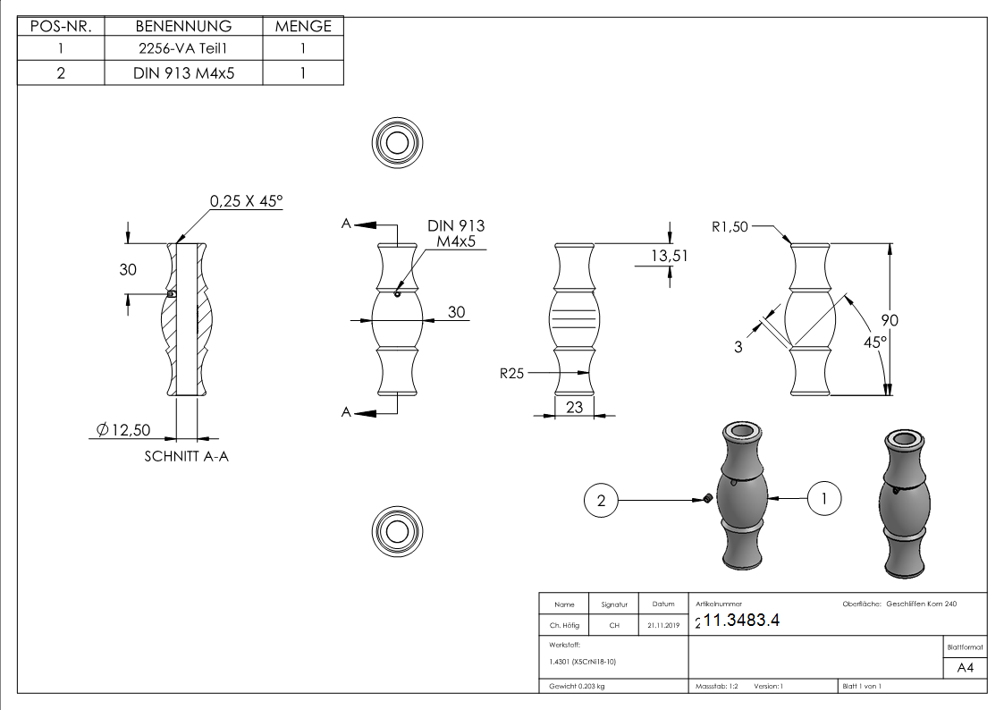 Manchon décoratif 90x30 mm avec trou 12,5 mm V2A