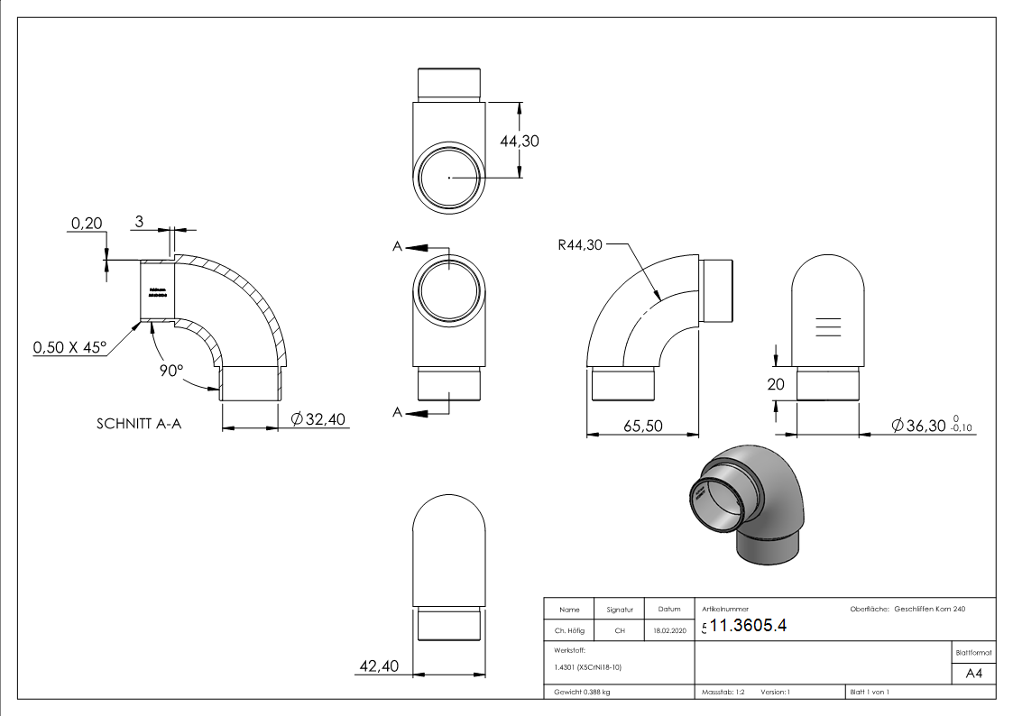Coude 90° rond V2A pour tube rond Ø 42,4x3,0 mm