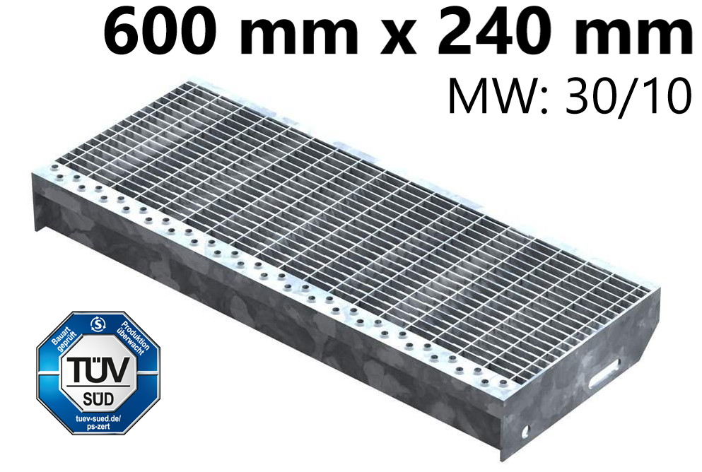 Marche en caillebotis Marche d'escalier | Dimensions : 600x240 mm 30/10 mm | S235JR (St37-2), galvanisé à chaud en bain complet