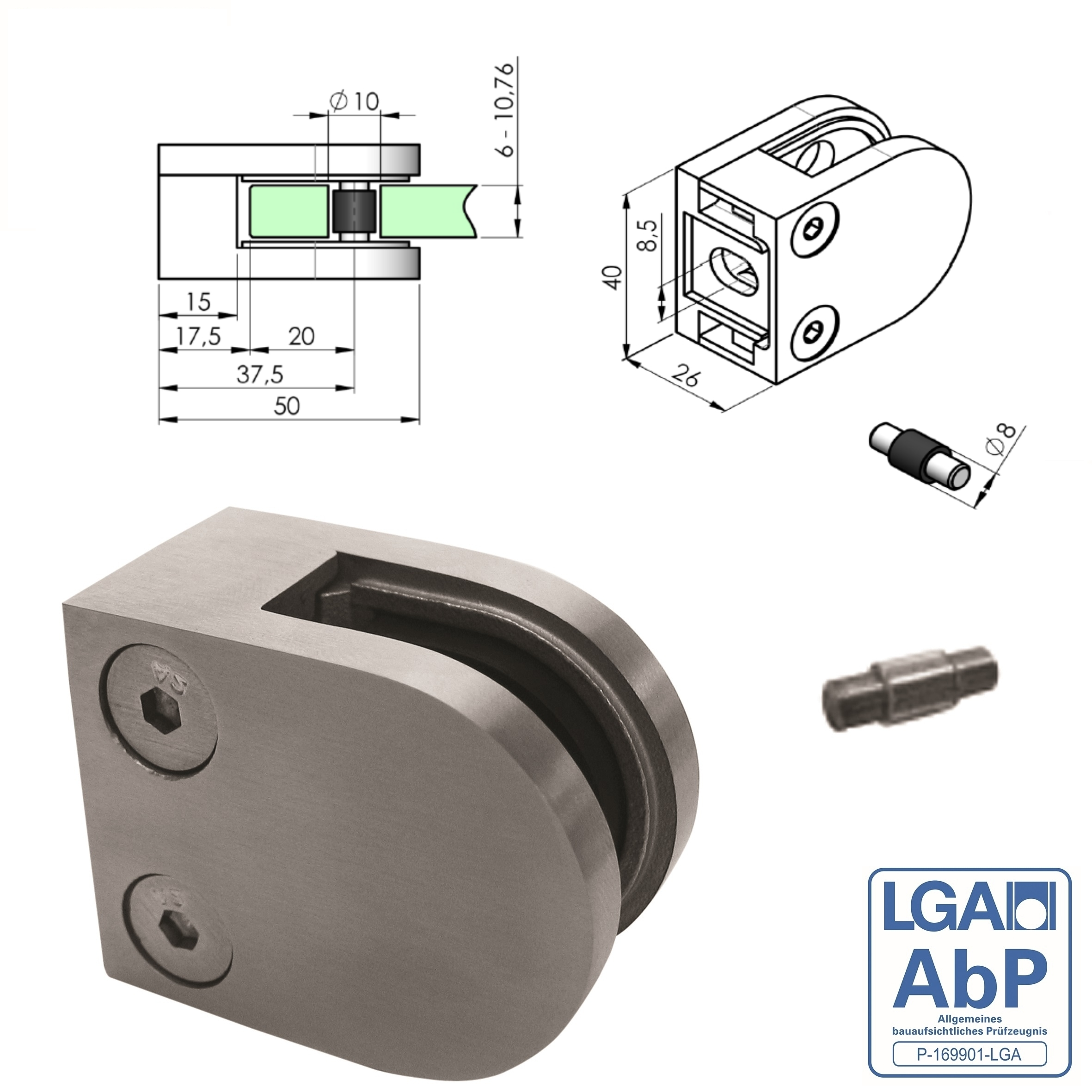 Pince en verre | Dimensions : 50x40x26 mm | Connexion plate | V2A 1 Parr rubber 8.00 mm ESG