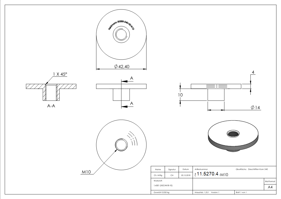 Plaque plate avec M10 pour tube Ø 42.4 mm V2A