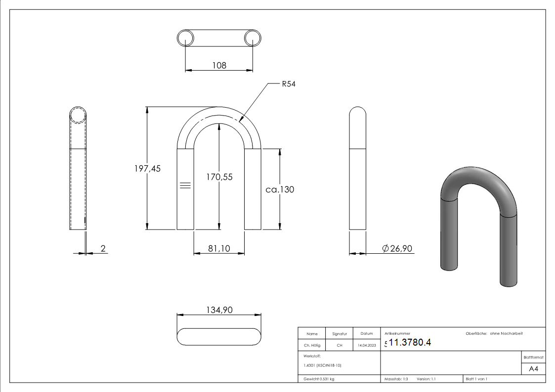 Cintrage 180° | pour soudage | en tube rond : Ø 26.9x2.0 mm | V2A