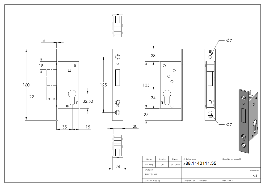 Serrure à pêne dormant à cadre tubulaire, distance d'encastrement 35 mm
