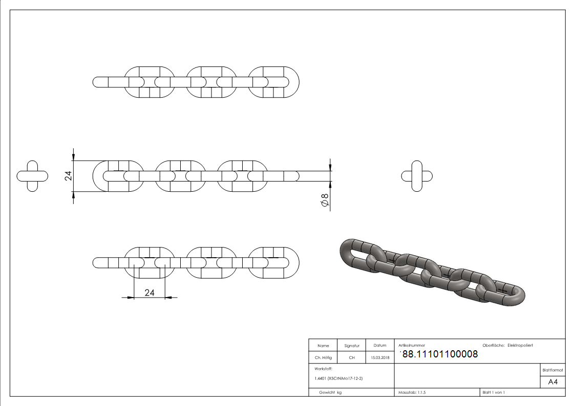 Chaîne VA DIN 766, Ø 8mm