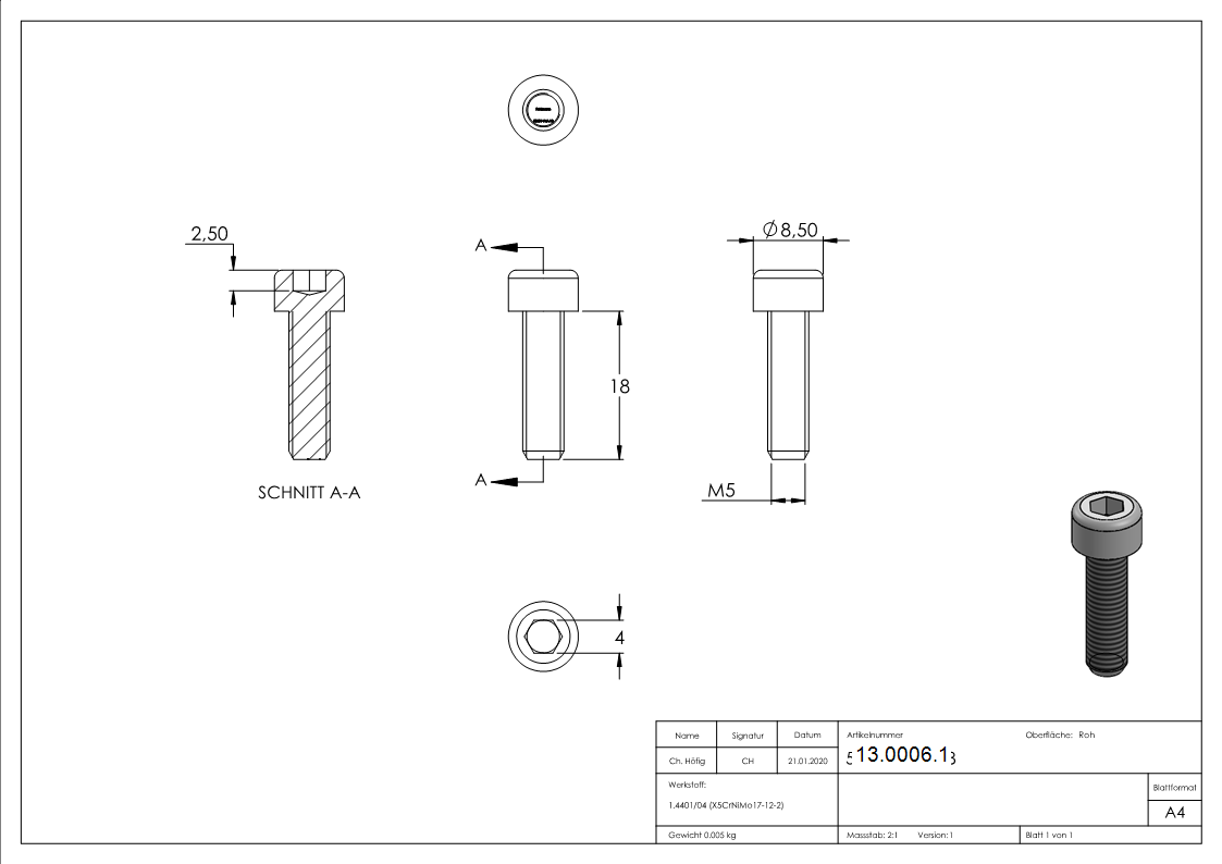 Vis à tête cylindrique M5x18 mm V4A à six pans creux