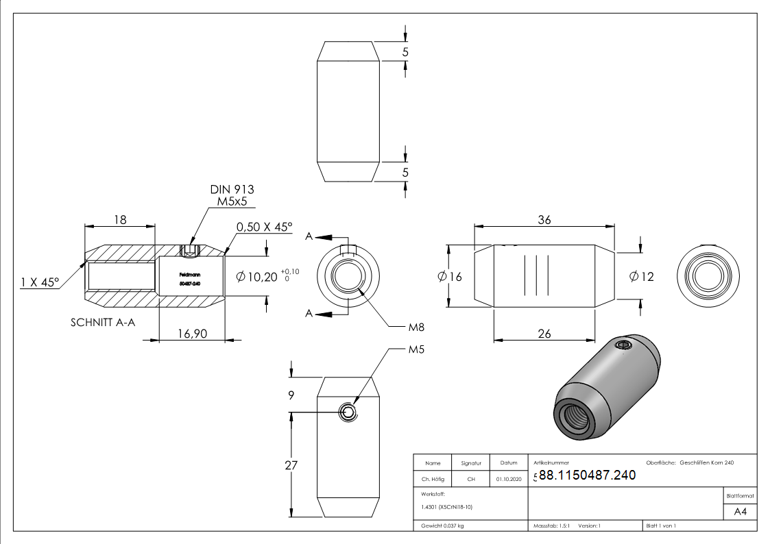 Connecteur 16mm avec filetage M8 et trou 10mm