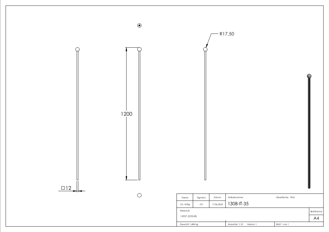 Barre à billes 12 x 12mm ; longueur 1200mm ; bille 35mm