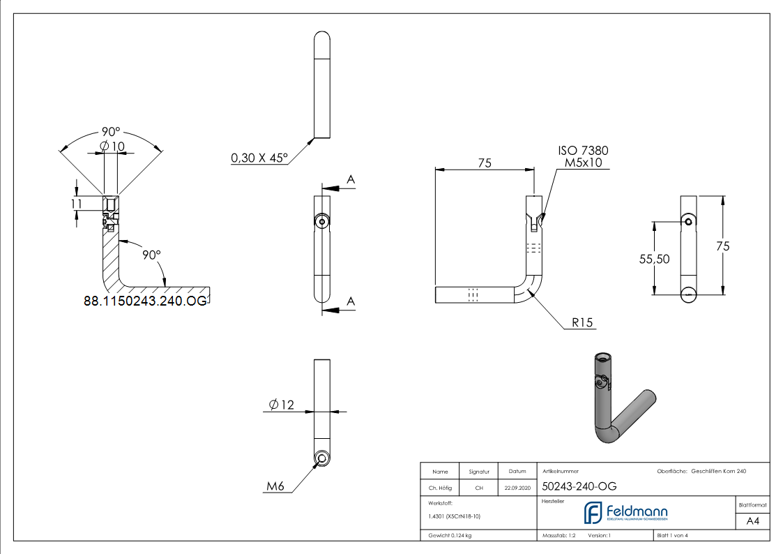 Support Ø 12mm, avec articulation, coudé à 90°, V2A