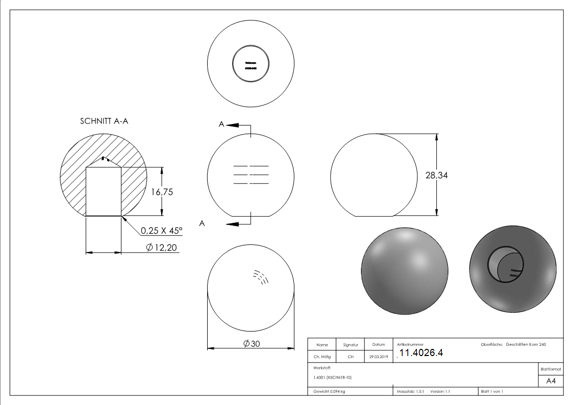 Boule - Ø 30 mm - avec trou borgne : 12,2 mm - V2A