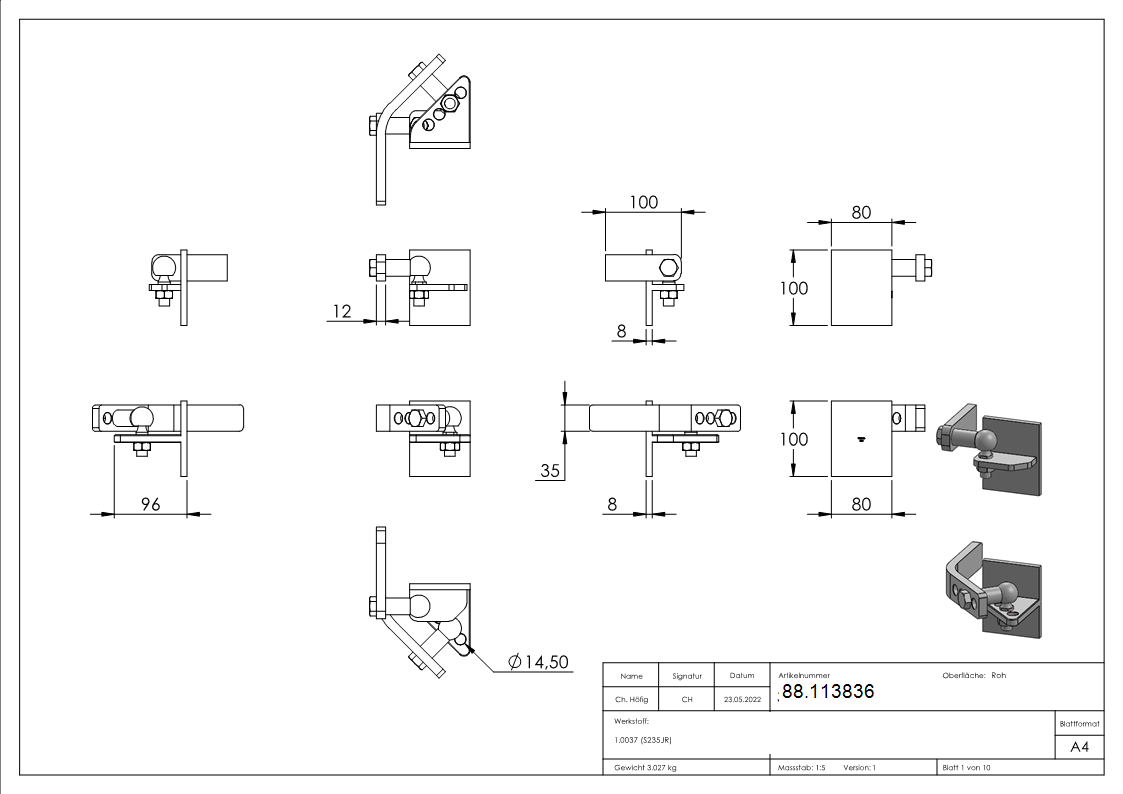 Ferrure de portail relevable f. fixer au poteau métallique