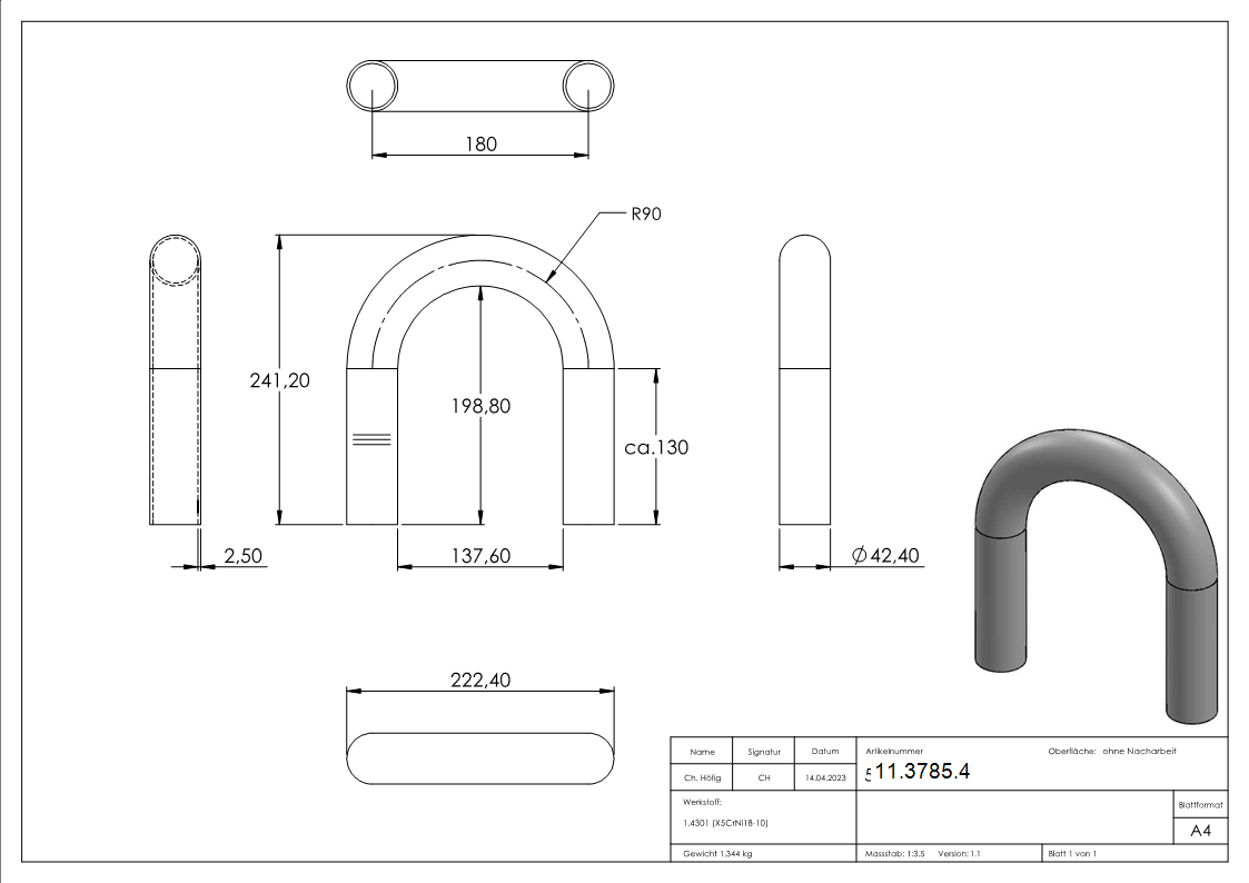 Cintrage 180° | pour soudage | en tube rond : Ø 42.4x2.6 mm | V2A