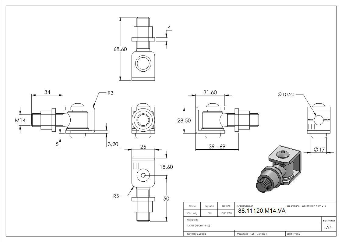 Charnière à portillon avec manchon fileté M14, V2A