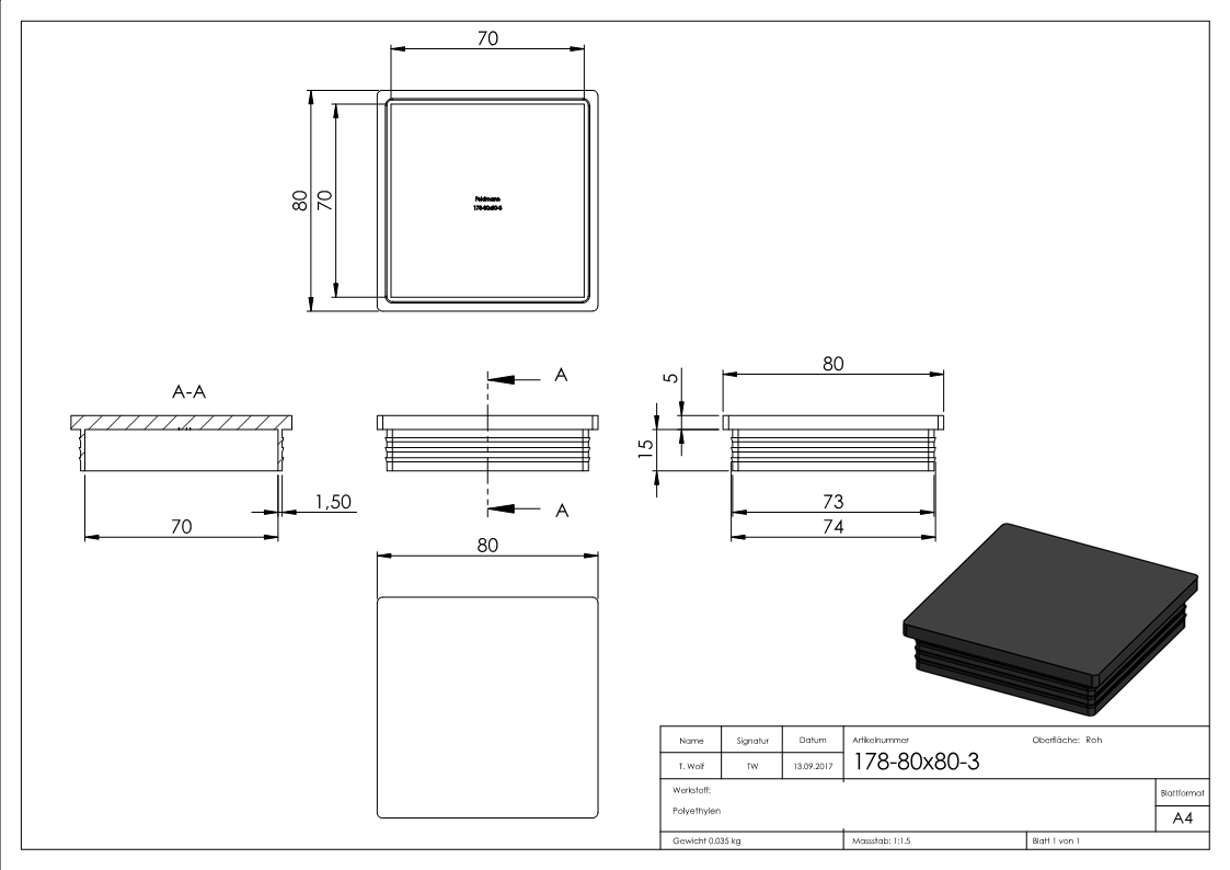 Capuchon plastique pour tube carré 80x80mm