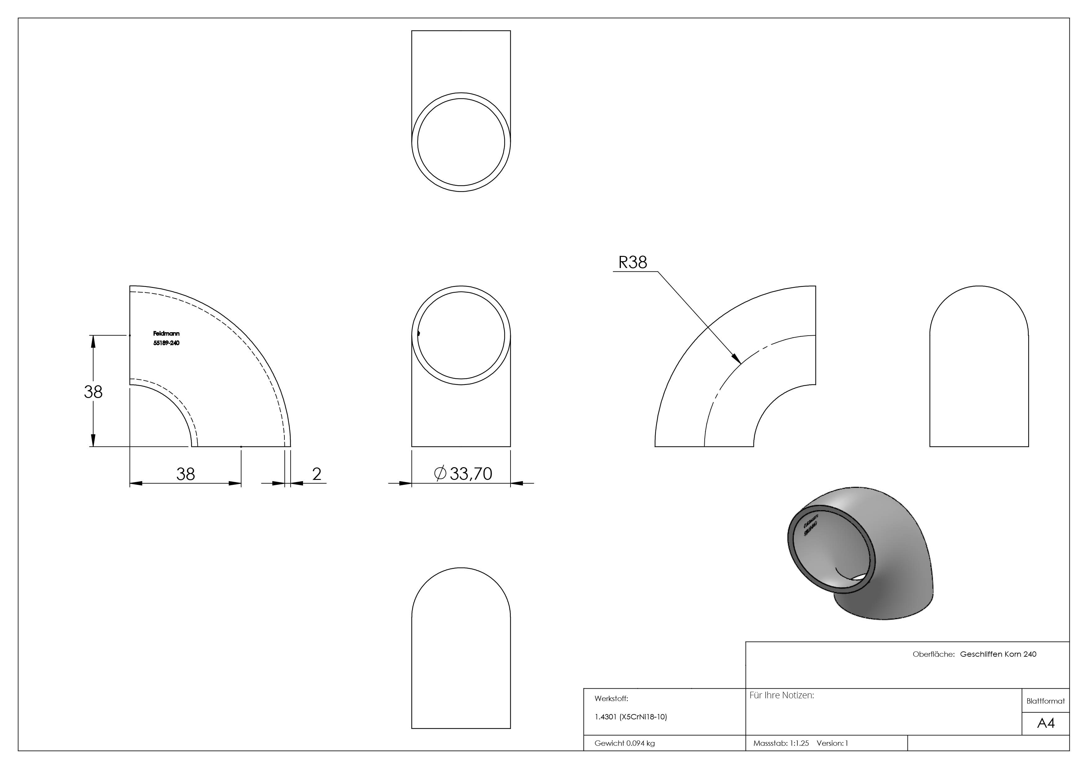 Coude 90° | à souder | pour tube rond : Ø 33,7 mm | V2A