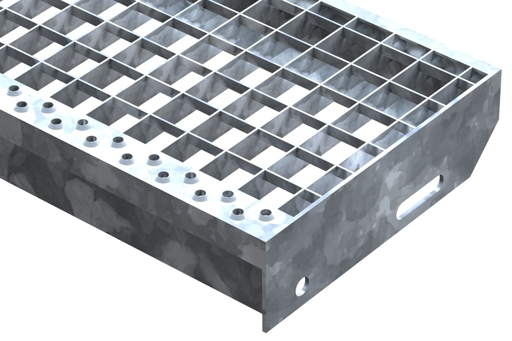 Marche en caillebotis Marche d'escalier | Dimensions : 600x240 mm 30/30 mm | S235JR (St37-2), galvanisé à chaud en bain complet