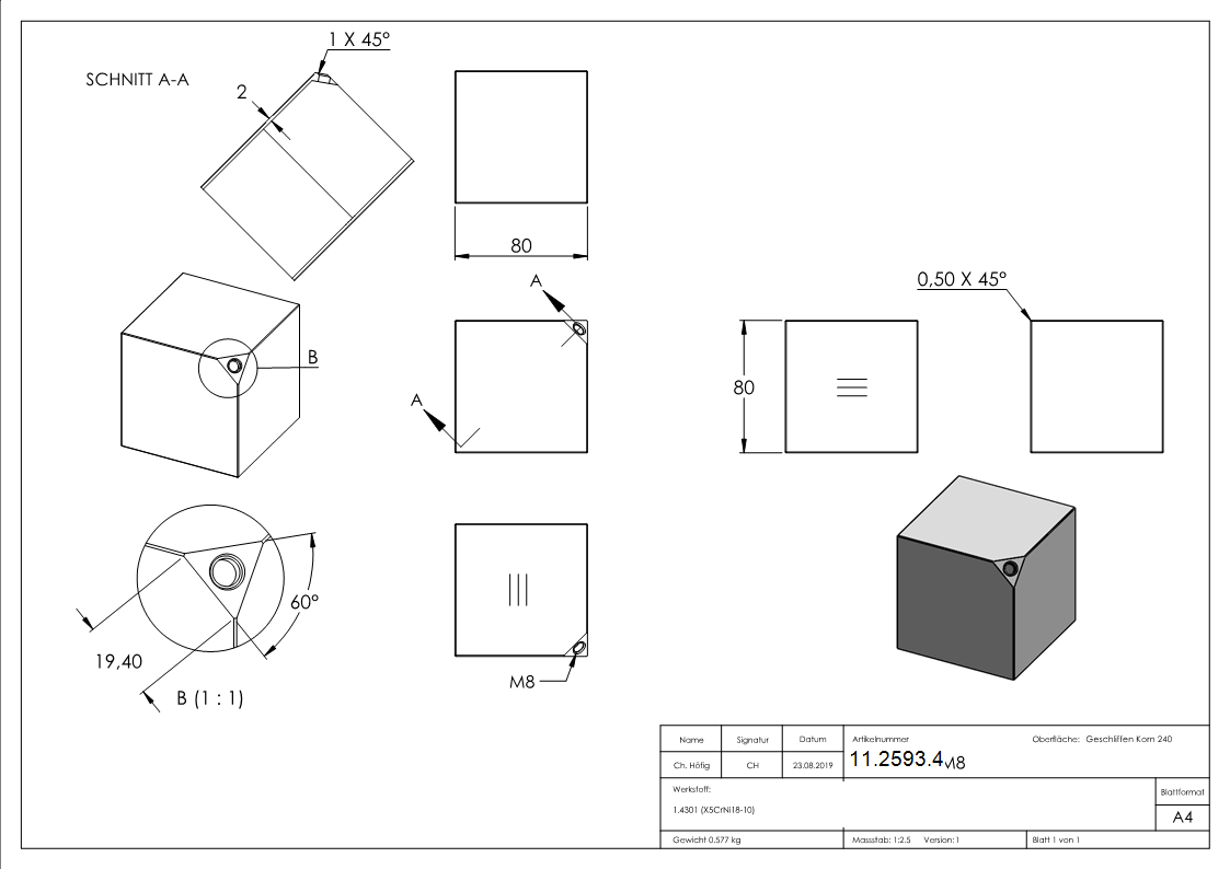 Cube 80x80 mm avec filetage M8 V2A