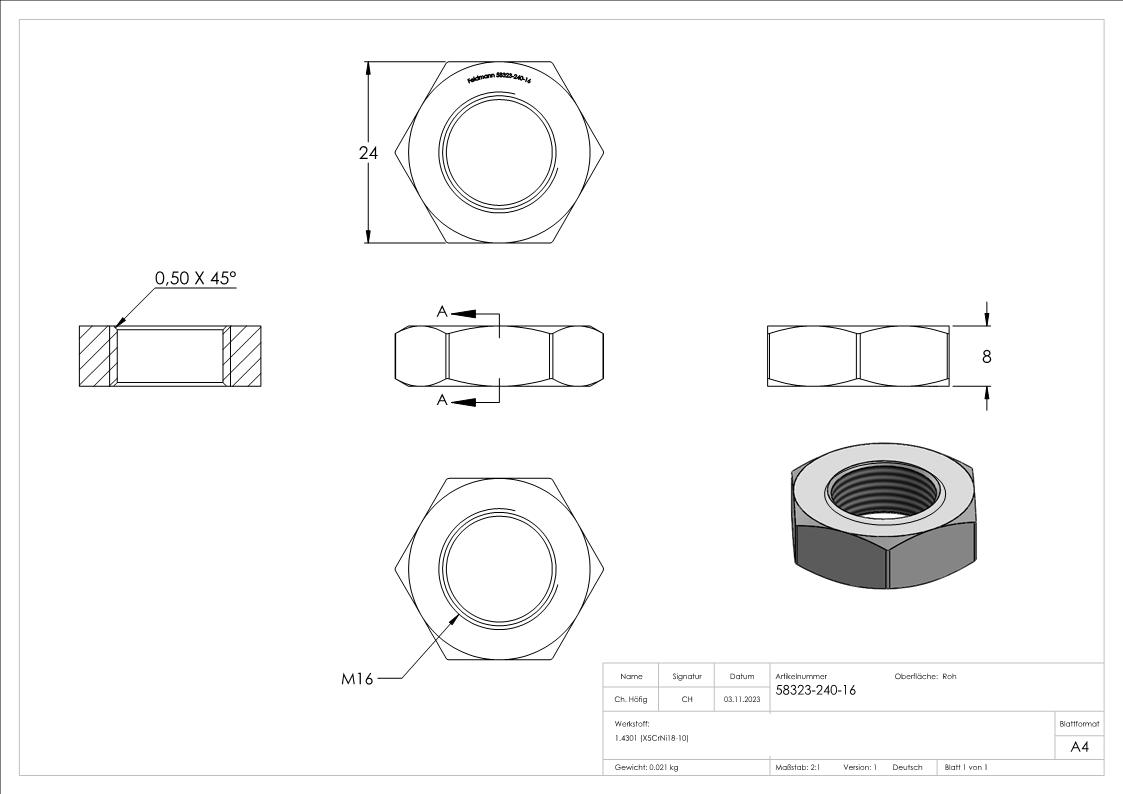 Ecrou hexagonal M16, plat, A2