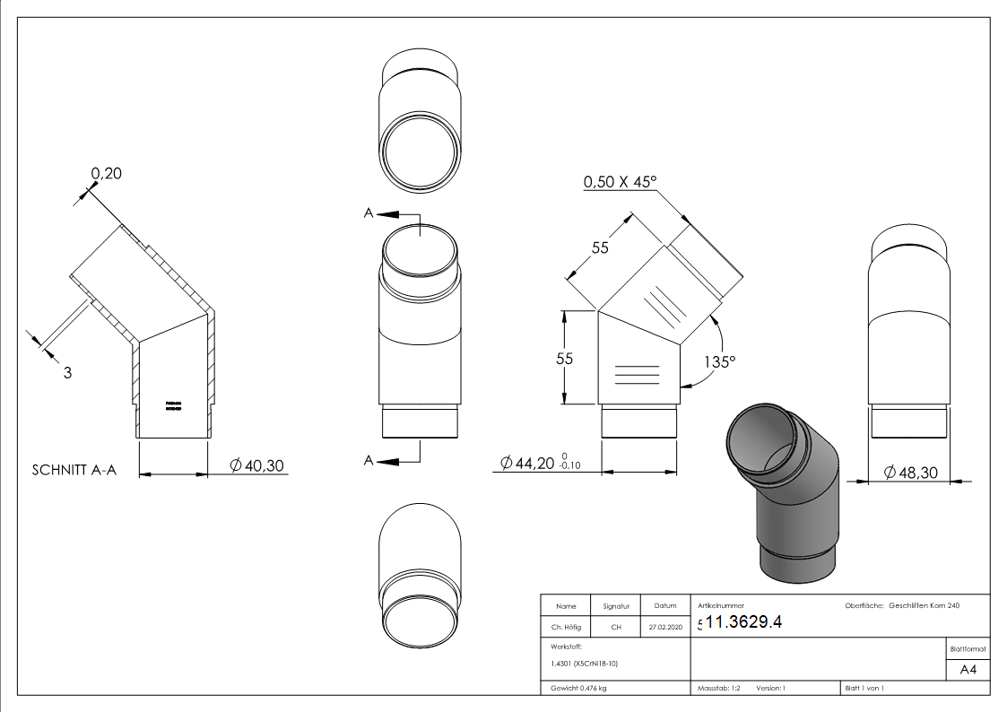 Coude d'angle 135°, pour tube rond Ø 48.3x2.0 mm V2A