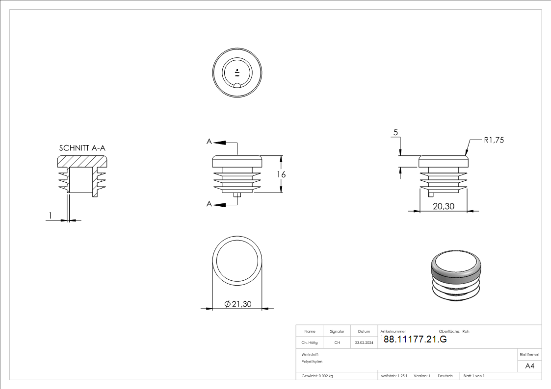 Capuchon en plastique pour tube rond 21.3mm