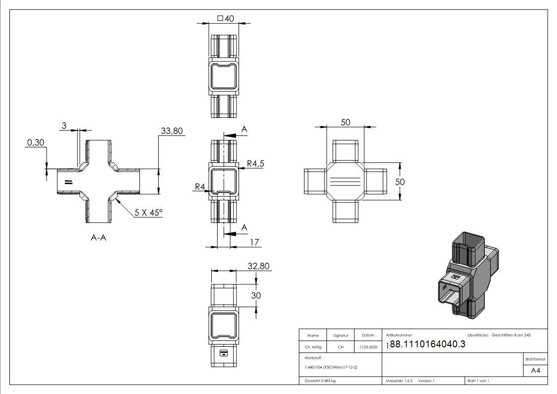 Connecteur pour tube 40x40x3mm, V4A