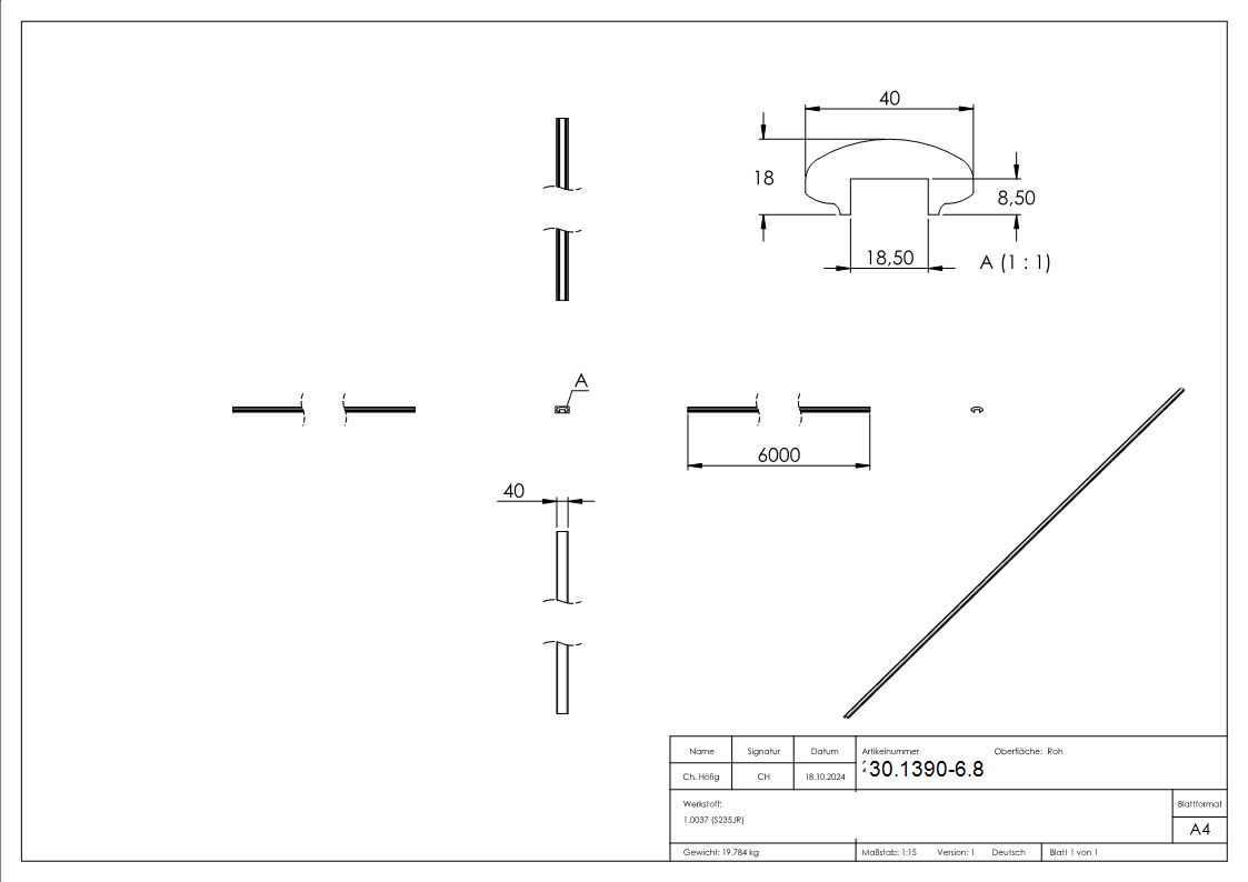 Main courante | dimensions : 40x18 mm | longueur : 6000 mm | avec rainure | acier (brut) S235JR