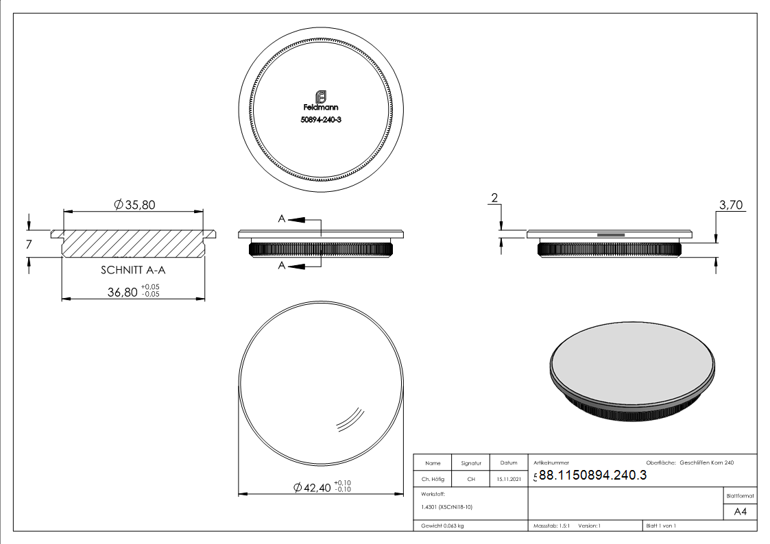 Bouchon, pour tuyau 42,4 x 3,0mm, V2A