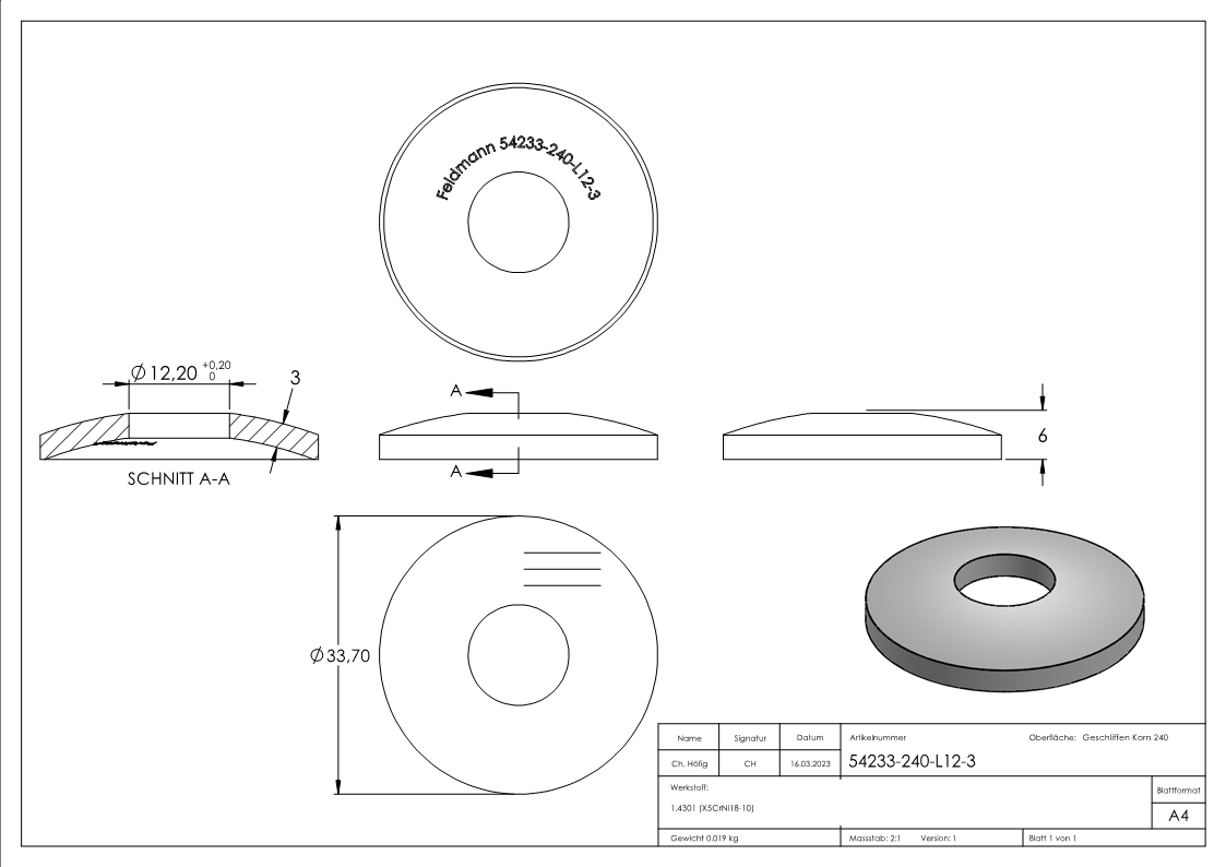 bol bombé, Ø 33,7mm, avec trou, V2A