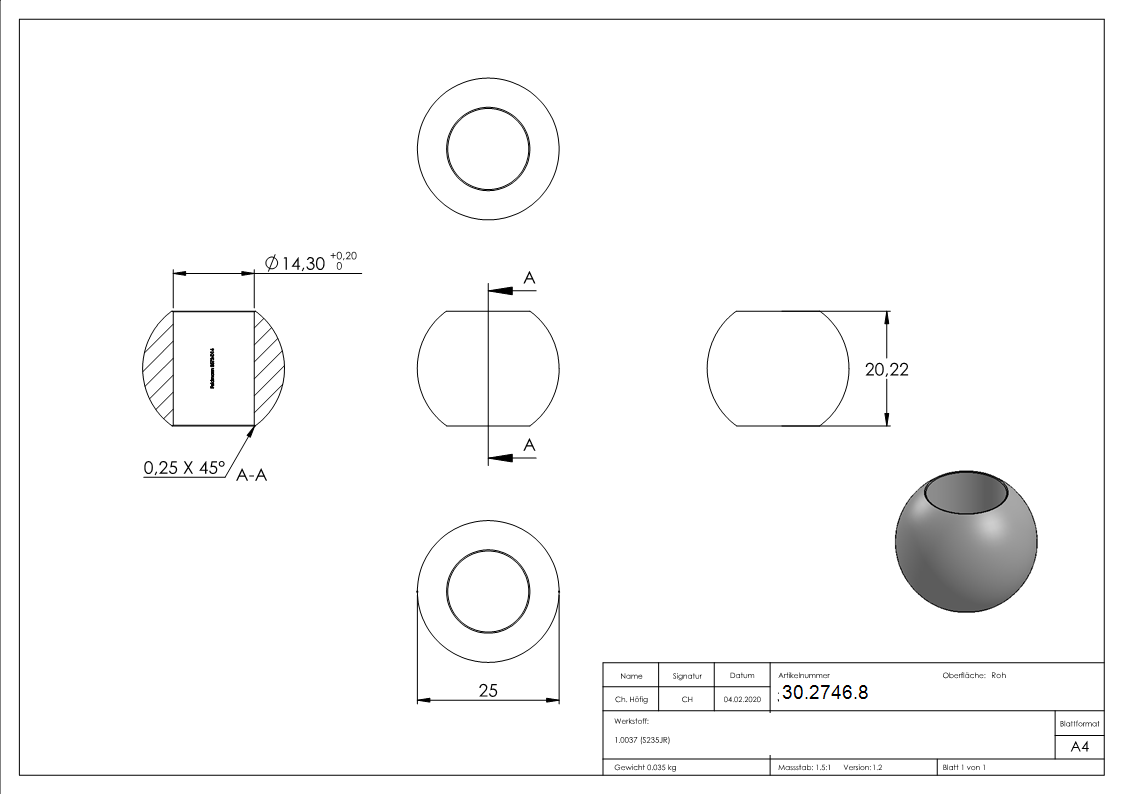 Boule Ø 25 mm | avec trou de passage 14,2 mm | acier S235JR, brut