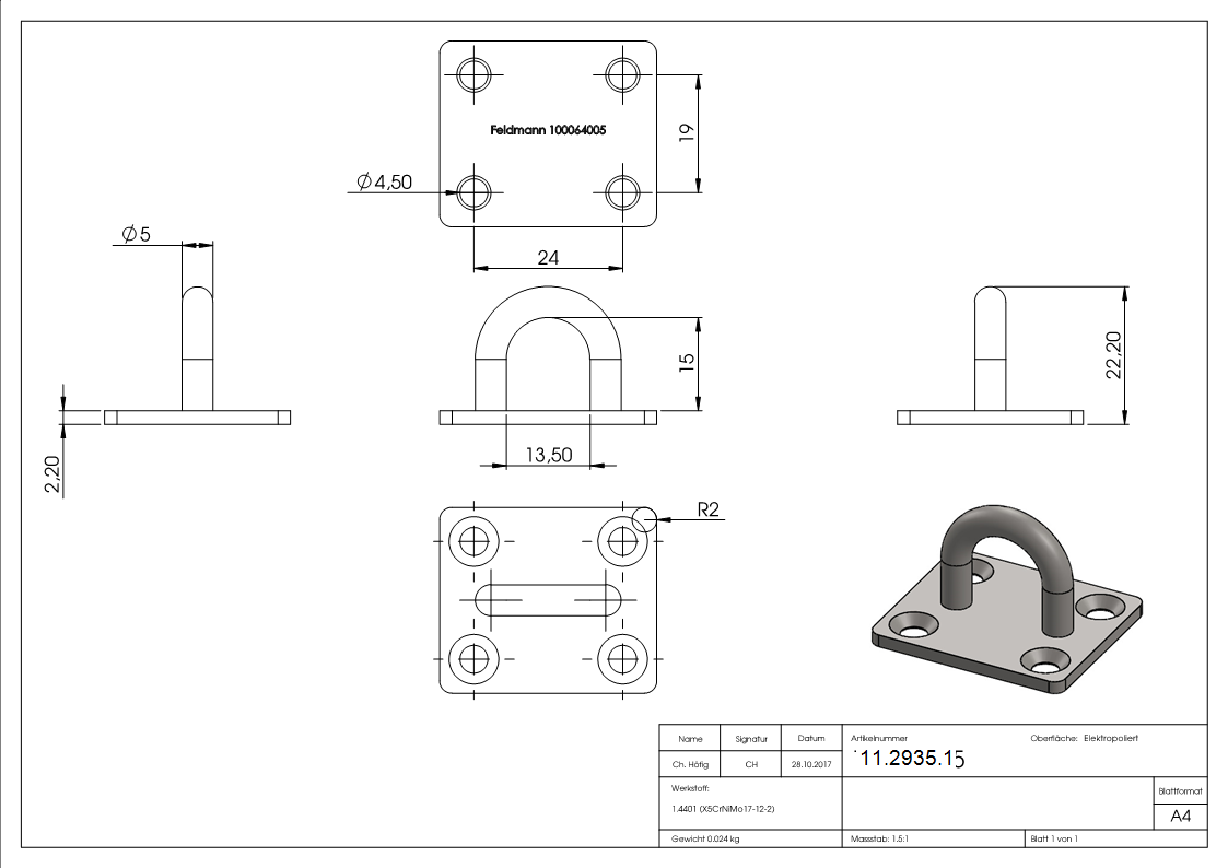 Œillet de fixation | Ø œillet : 5 mm | plaque : 35x30 mm | V4A