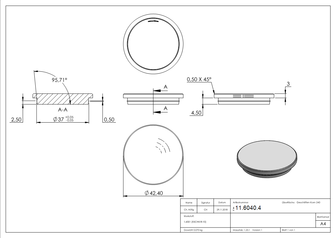 Bouchon plat V2A matériau plein pour Ø 42,4x3,0 mm - version mince conique