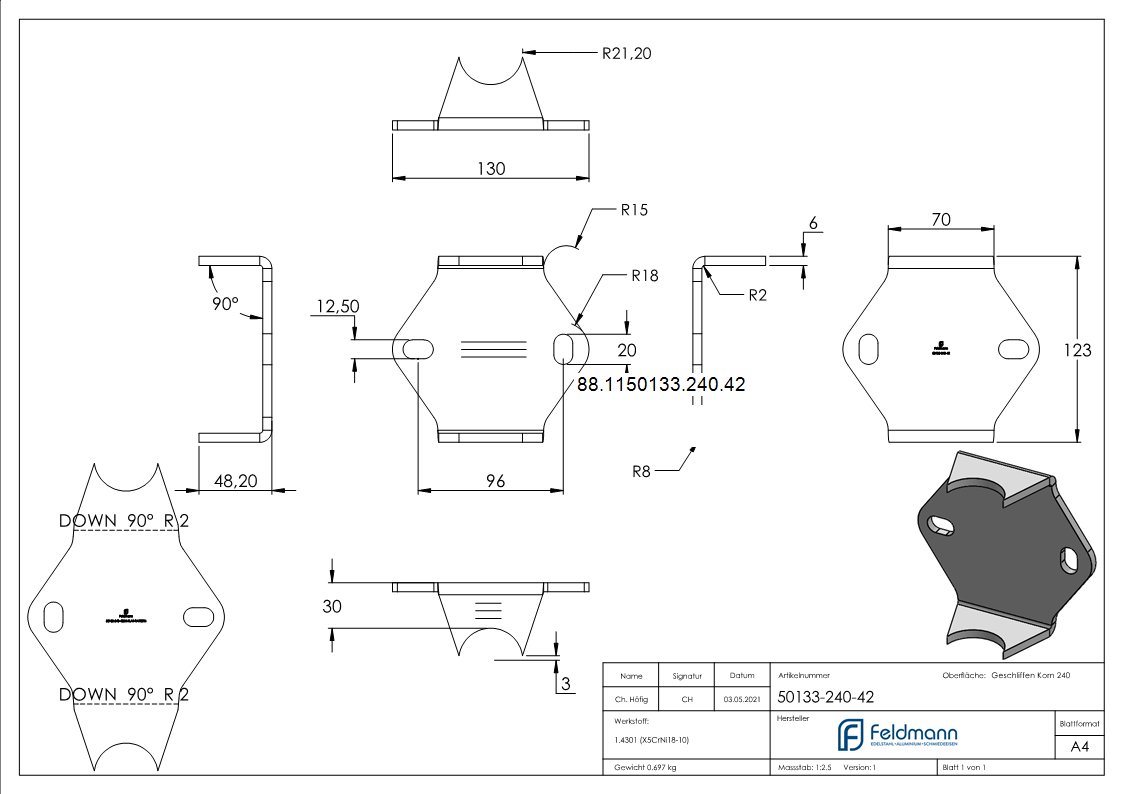 Fixation murale pour tube 42,4mm, V2A