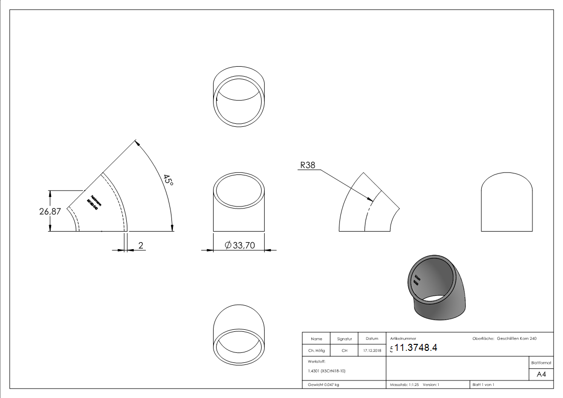 Coude 45° | à souder | pour tube rond : Ø 33,7 mm | V2A