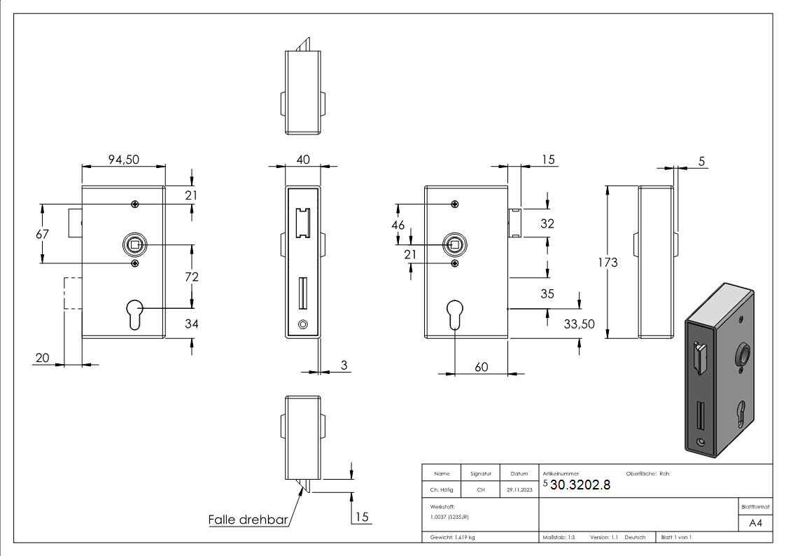 Boîtier de fermeture | Dimensions : 173x94,5x40 mm | Mandrin : 60 mm | Acier (brut) S235 JR