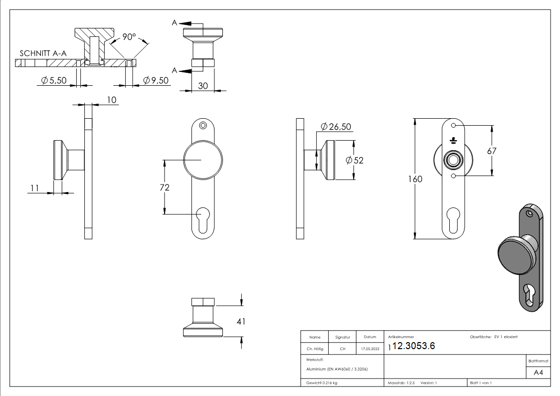 Bouton de porte en aluminium | avec cylindre en aluminium plaque courte (ronde) | aluminium EV1