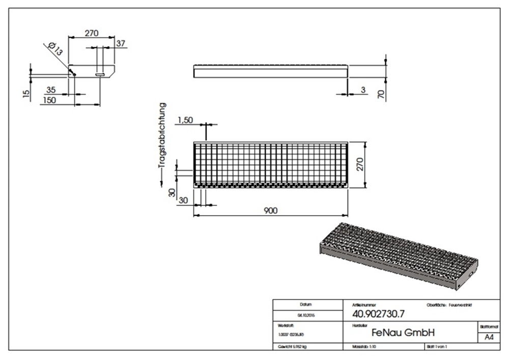 Marche en caillebotis Marche d'escalier | Dimensions : 900x270 mm 30/30 mm | S235JR (St37-2), galvanisé à chaud en bain complet