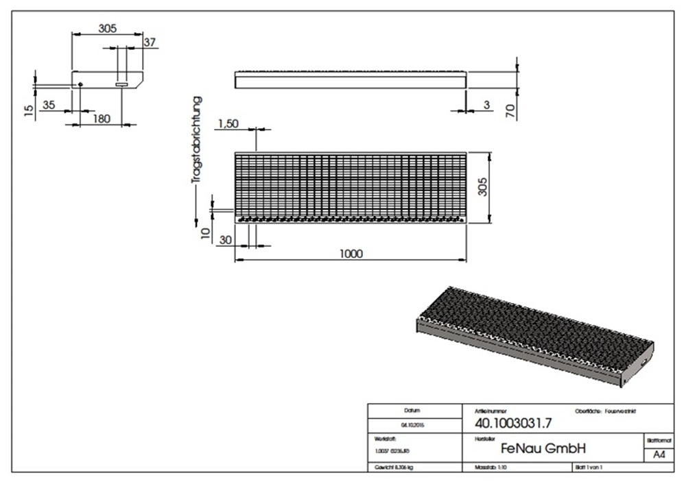 Marche en caillebotis Marche d'escalier | Dimensions : 1000x305 mm 30/10 mm | S235JR (St37-2), galvanisé à chaud en bain complet