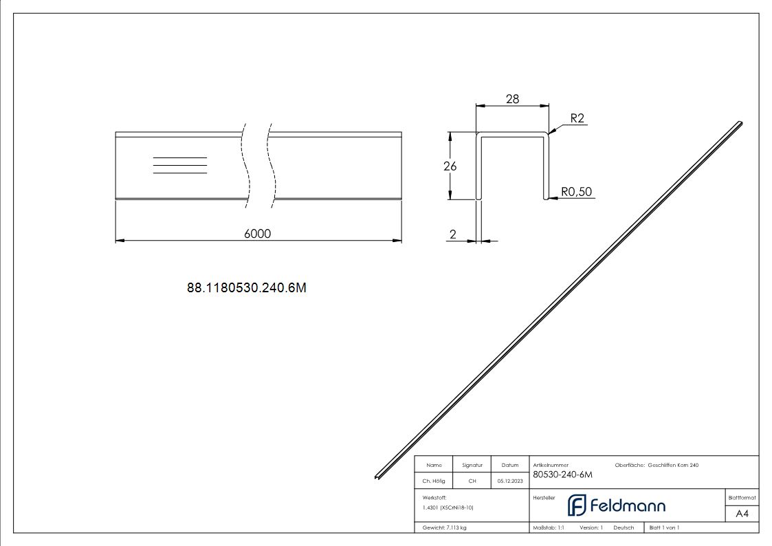 Profilé en U en acier inoxydable, 28 x 26 x 2mm, longueur : 6000mm