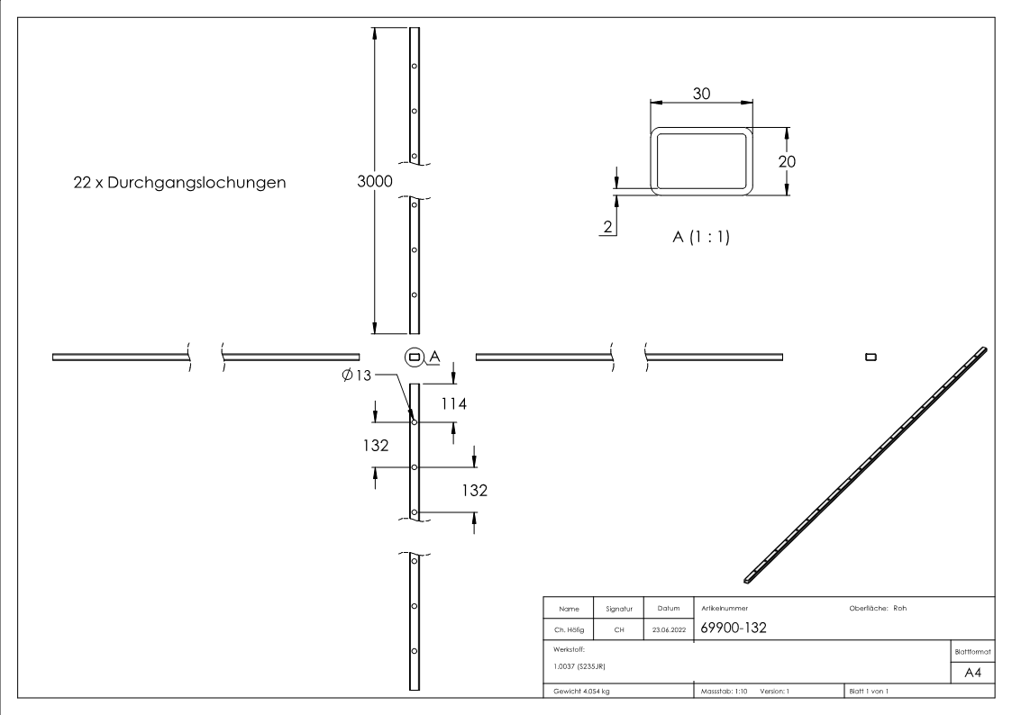 Tube rectangulaire 30 x 20 x 2mm, perforé pour Ø 12mm avec une distance centre à centre de 132mm, longueur 3m