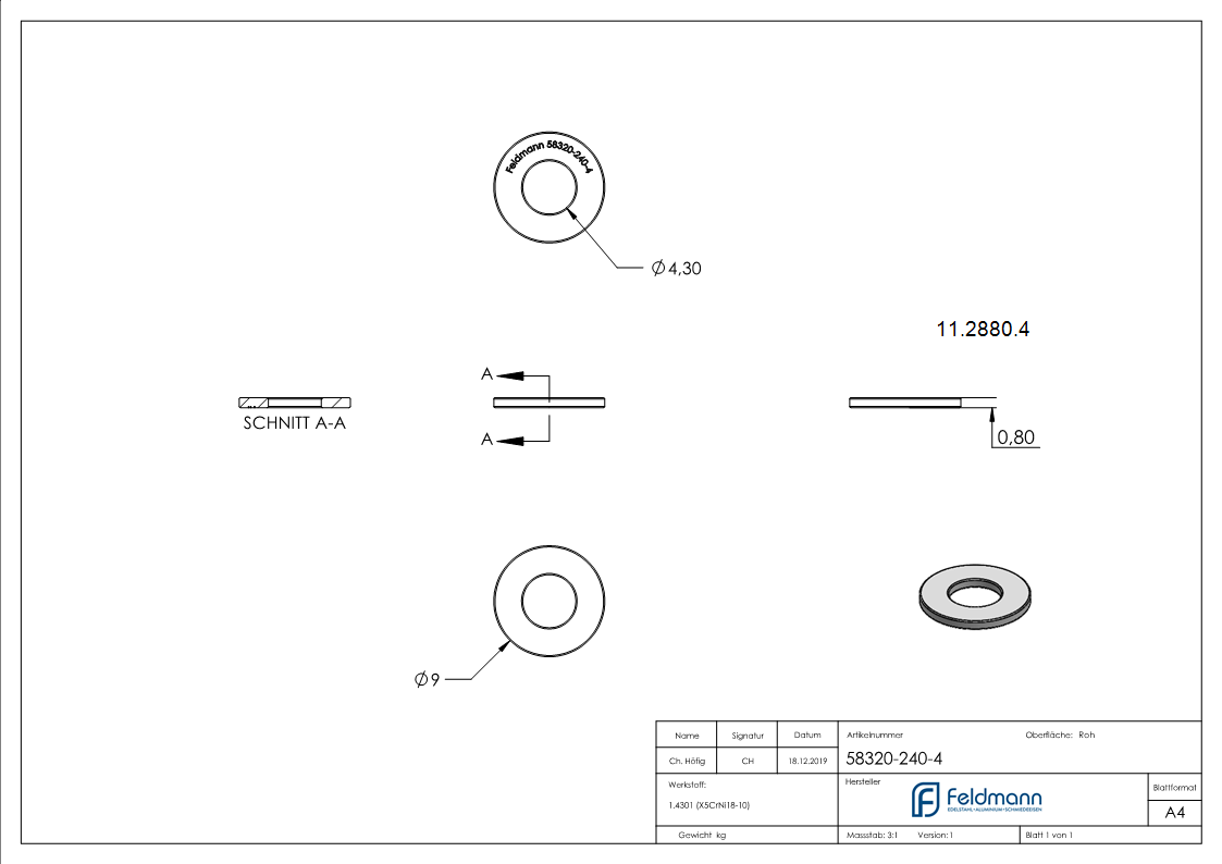 Rondelle | pour filetage M4 | DIN 125-1, A2 | V2A