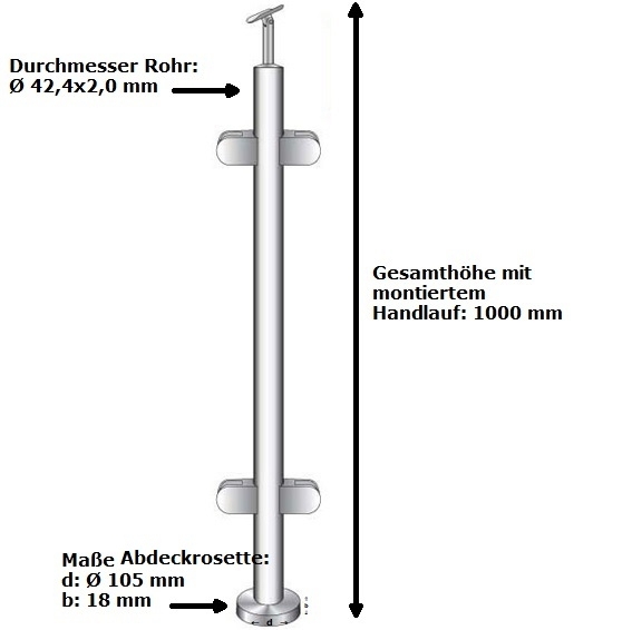 poteau de garde-corps | poteau central | longueur : 1000 mm | pour montage en surface | V2A