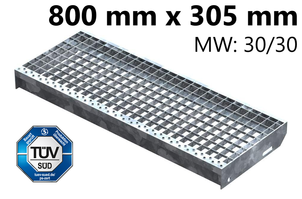 Marche en caillebotis Marche d'escalier | Dimensions : 800x305 mm 30/30 mm | S235JR (St37-2), galvanisé à chaud en bain complet