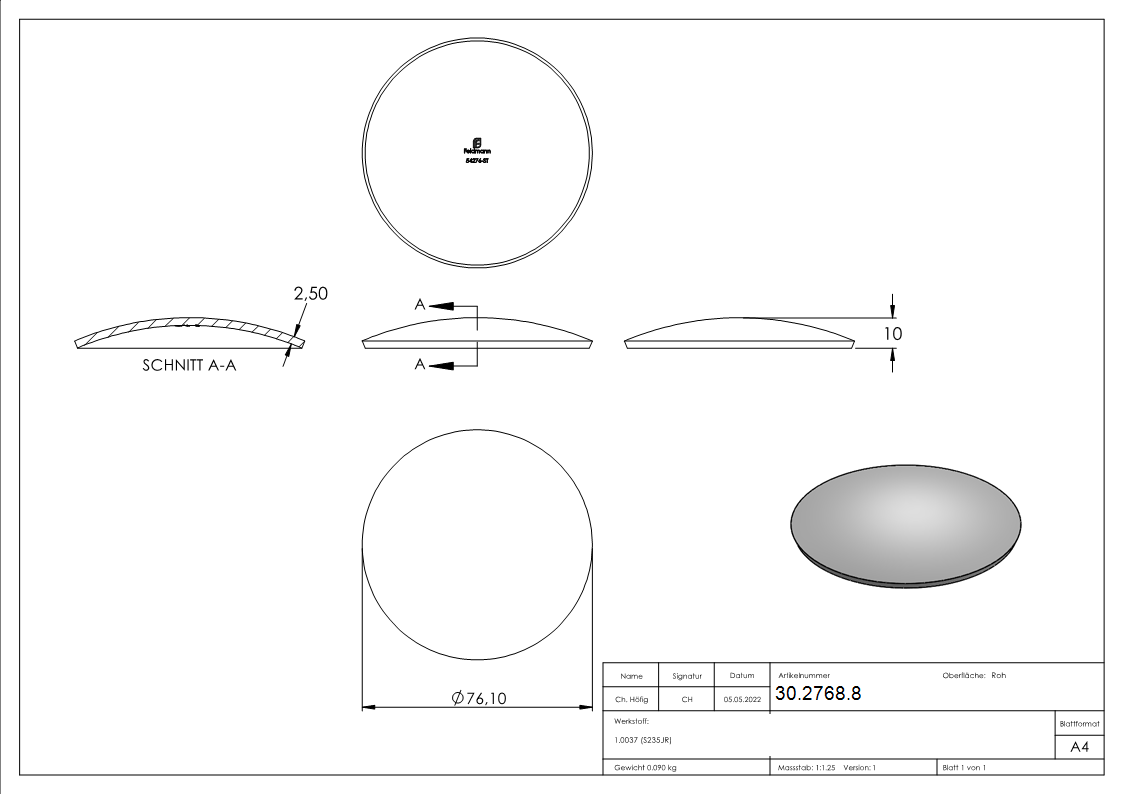 bouts bombés | bouts de tube | Ø 76.1x2.5 mm | acier S235JR