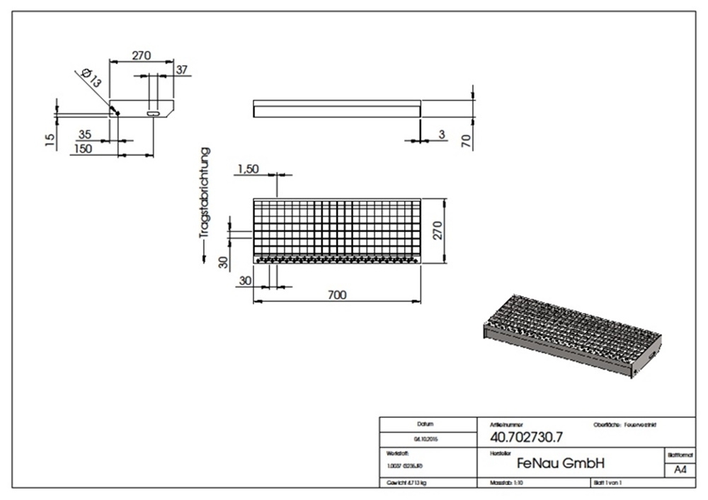 Marche en caillebotis Marche d'escalier | Dimensions : 700x270 mm 30/30 mm | S235JR (St37-2), galvanisé à chaud en bain complet