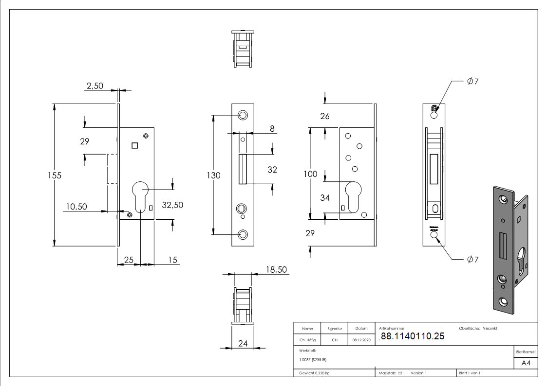 Serrure à pêne dormant à cadre tubulaire, distance d'encastrement 25 mm
