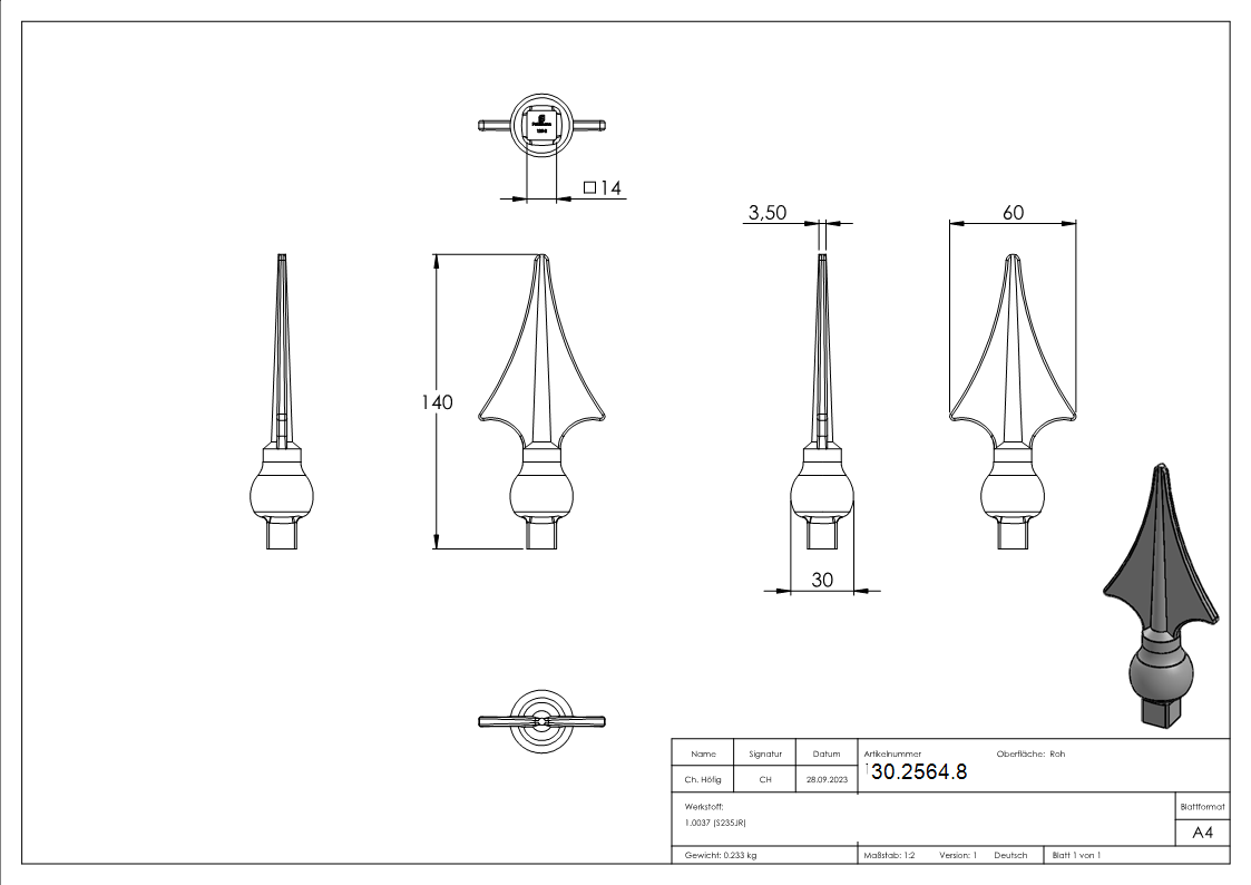Pointes de clôture 14x14 mm avec 140 mm de hauteur acier S235JR, brut