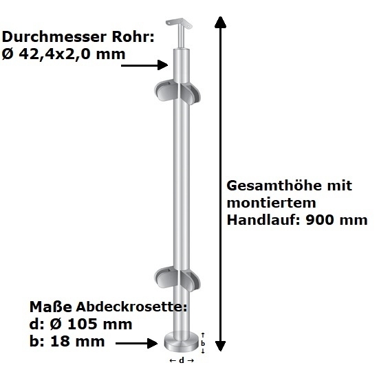 poteau de garde-corps | poteau d'angle | longueur : 900 mm | pour montage en surface | V2A