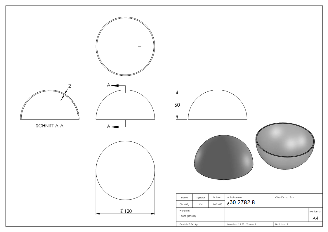 Boule semi creuse Ø 120 mm | lisse | acier S235JR, brut